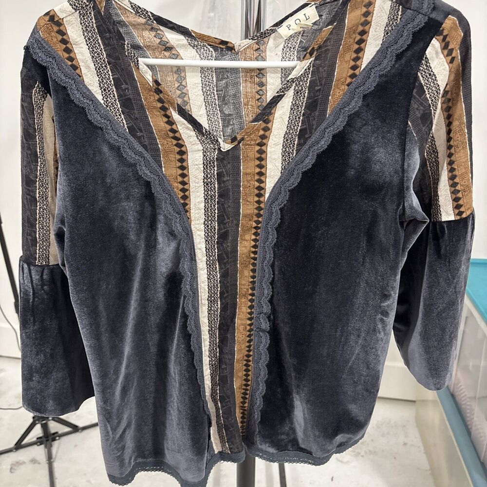 Ladies Pol Boho Velvet Lace Top Small Blue Velvet Art/Boho